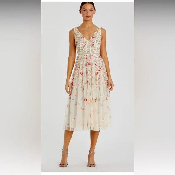 Mac Duggal | Dresses | Nwt Mac Duggal Floral Embroidered Dress Cream Pink  Hot Pink Light Yellow Green